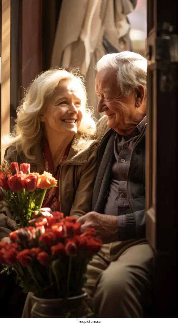 An elderly couple is sitting on a bench and smiling at each other.
