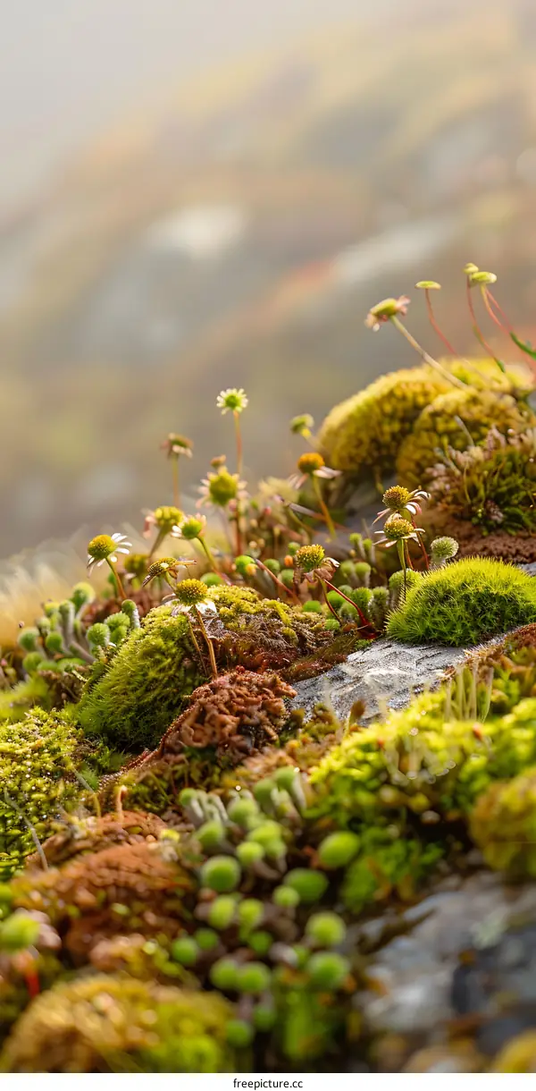 Close Up of Green Moss and Flowers on Rock
