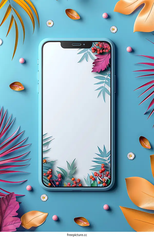Blue Background Smartphone Mockup With Floral Decorations