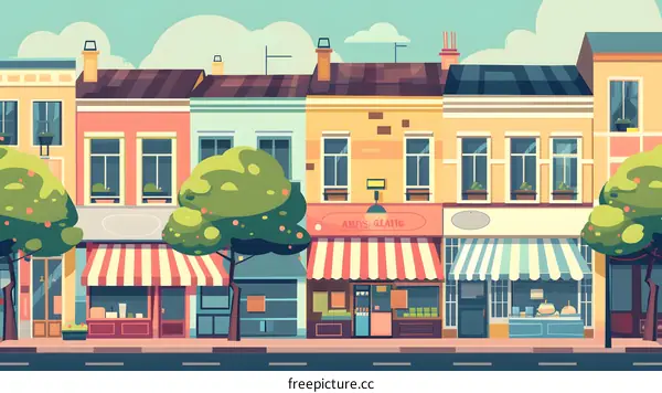 Colorful Cartoon Illustration Of A Street With Shops And Trees
