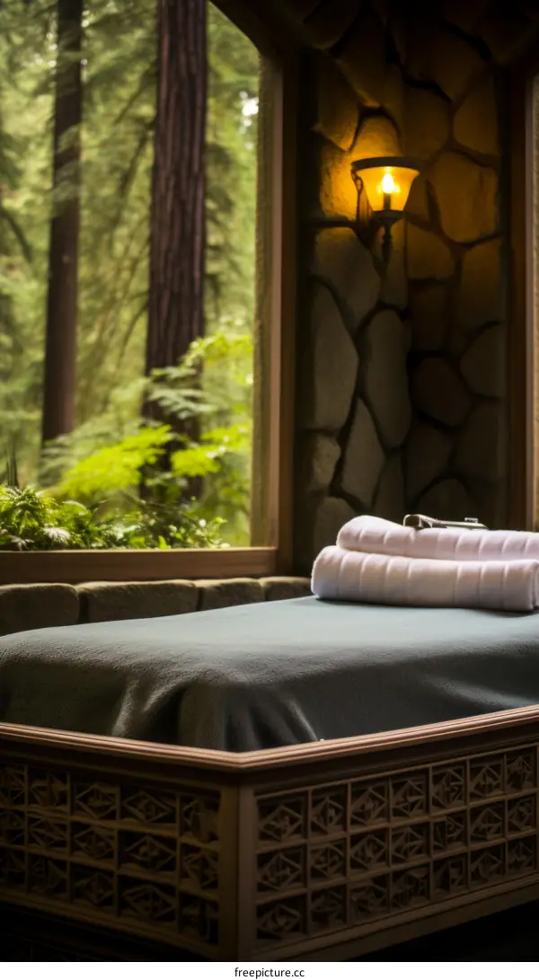 A cozy bed and a view of the forest