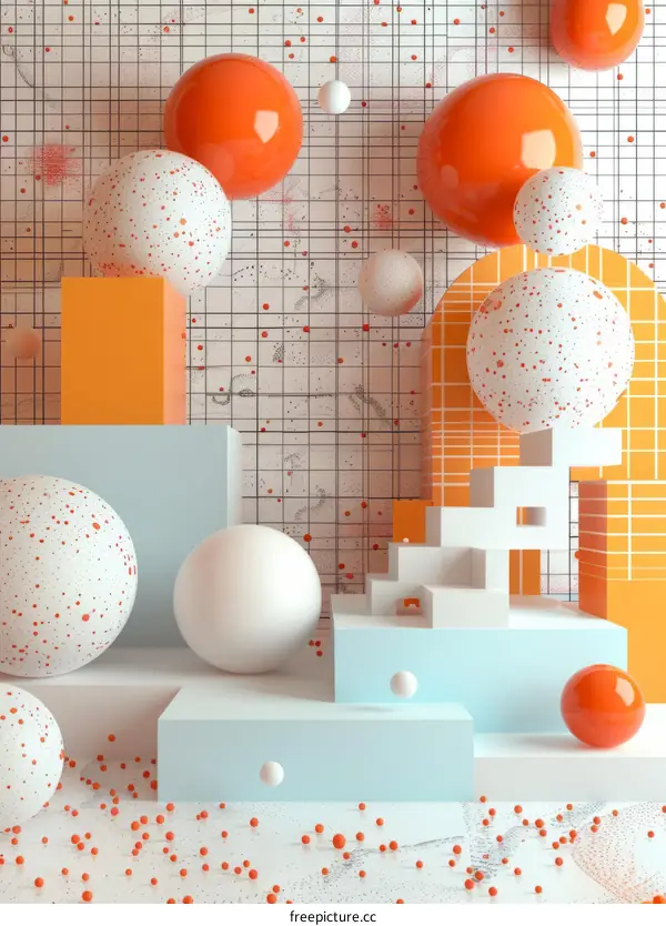 3D rendering of abstract geometric shapes with polka dots