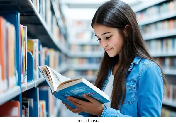 Teenage Girl Reading a Book in a Library