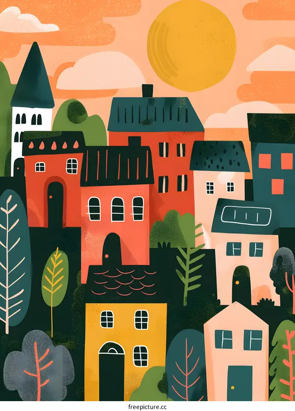 Colorful Illustration of a Small Town with Houses and Trees