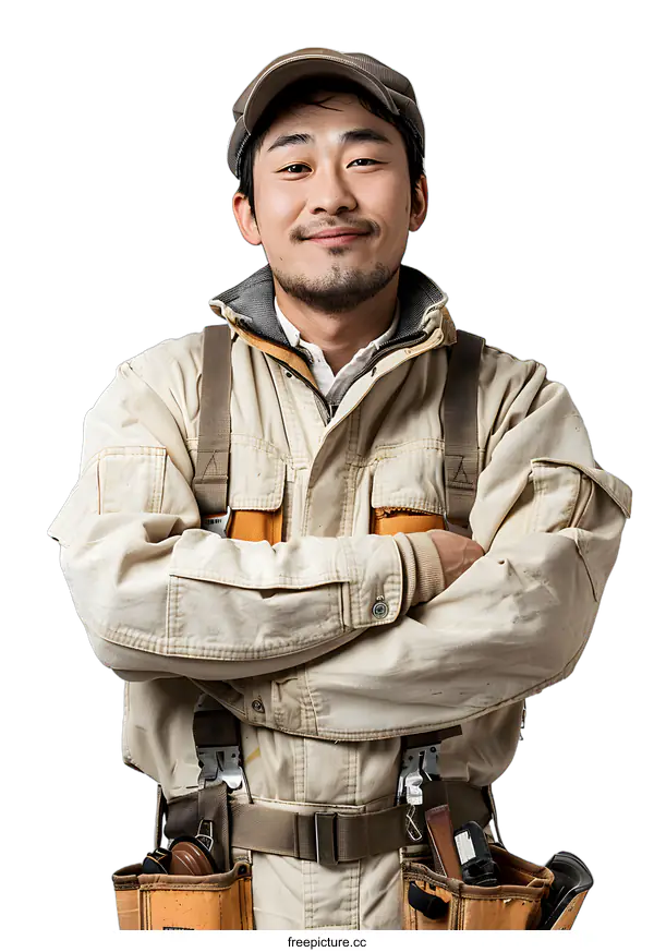 [Transparent Background PNG]Asian Male Construction Worker with Arms Crossed