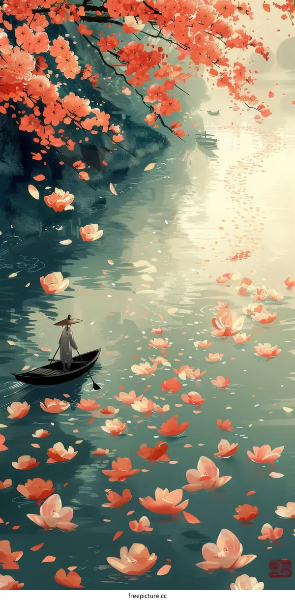 A boat on a river with cherry blossoms