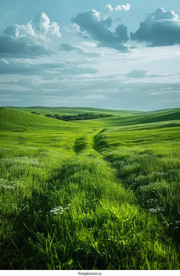 Green rolling hills under a blue sky with white clouds