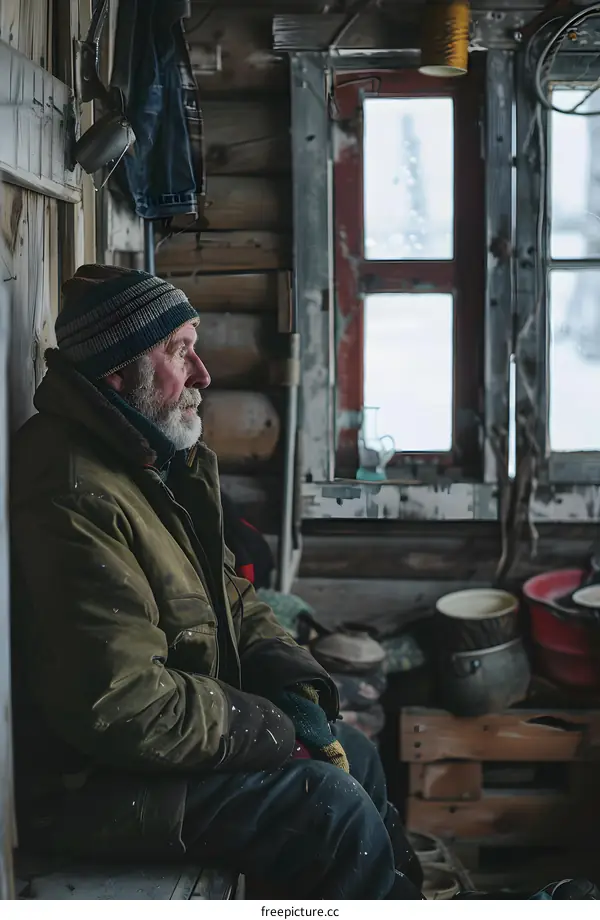 An old man is resting in a wooden house