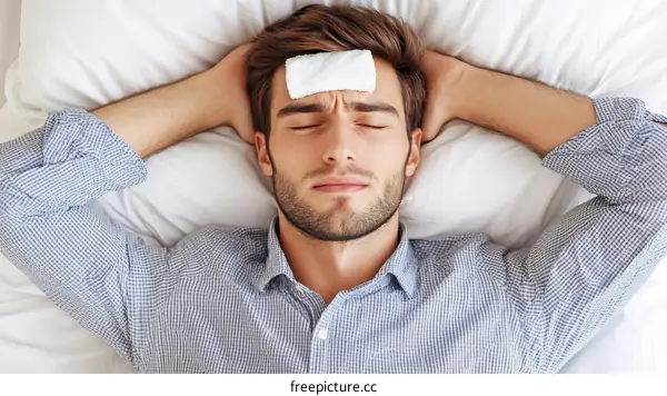 Man with a cold compress on his forehead lying in bed