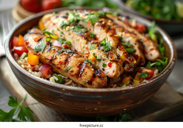 Grilled chicken breast with rice and vegetables