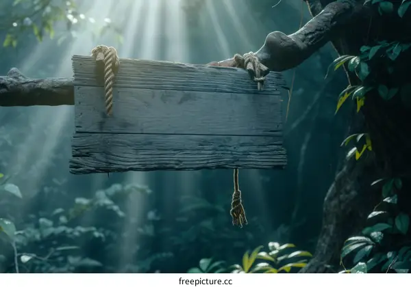 Wooden sign hanging from a tree branch in the jungle