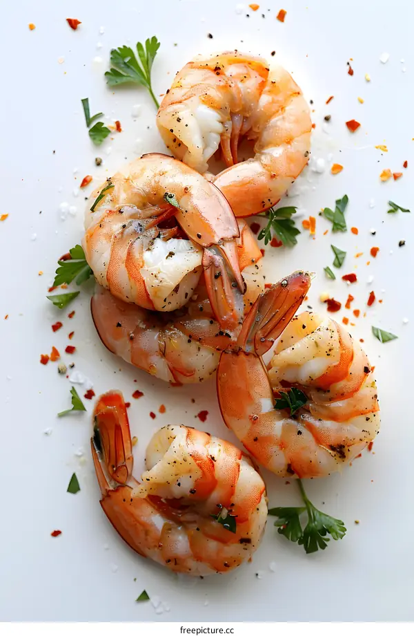 food photography of cooked shrimp with parsley and spices