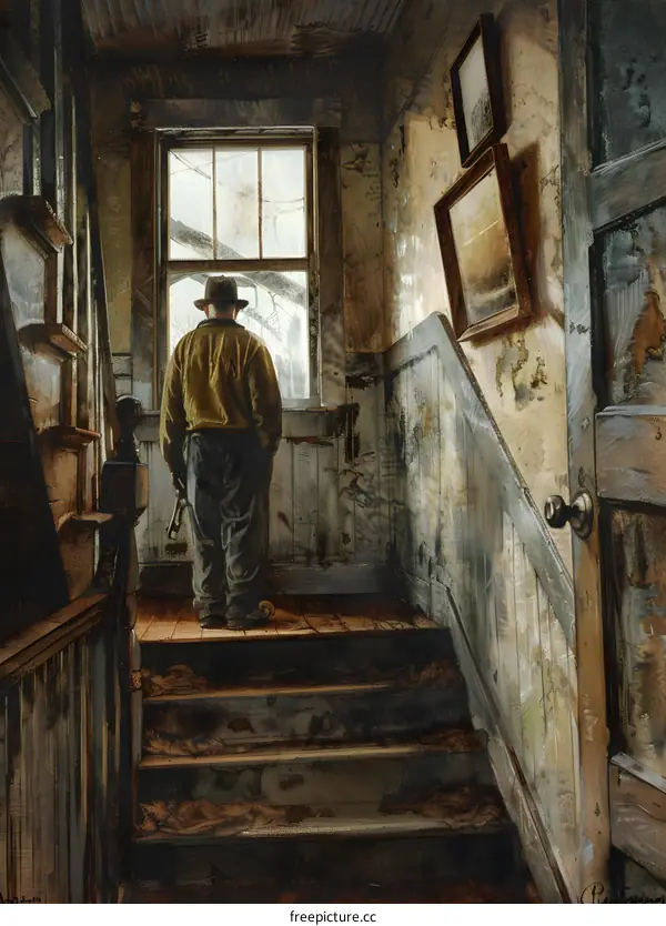 A man standing on the stairs, looking out the window