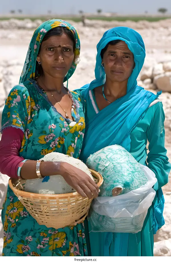 Two Indian Women Carrying Salt in Baskets and Bags