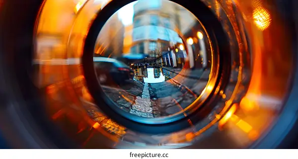 Cityscape Reflected in Camera Lens