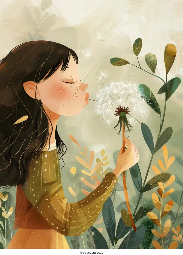 Young Girl Blowing Dandelion Seeds on a Summer Day