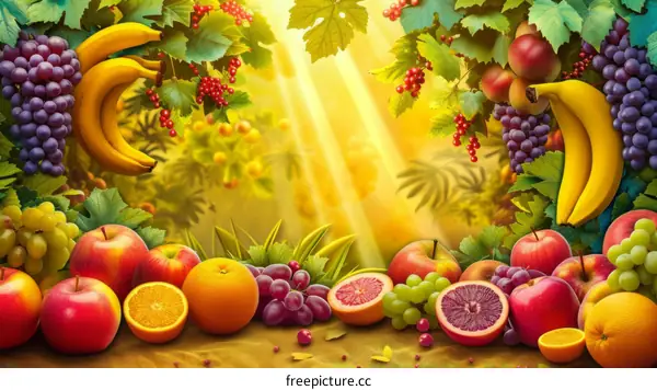 A table full of fresh fruits with grape vines in the background