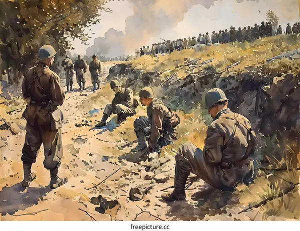 A group of soldiers in a trench during World War II