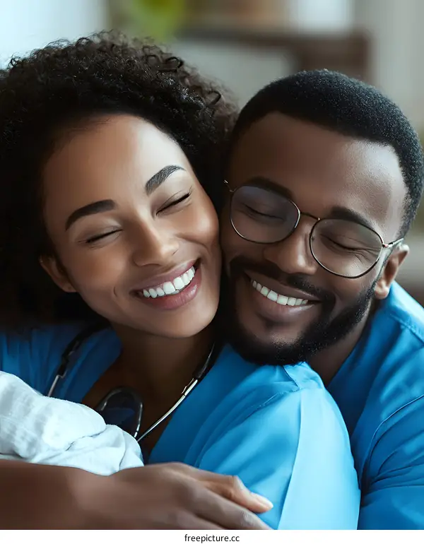 Happy African American Couple Embracing in Hospital