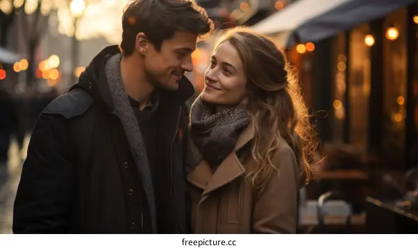 A young couple is smiling at each other on a city street.