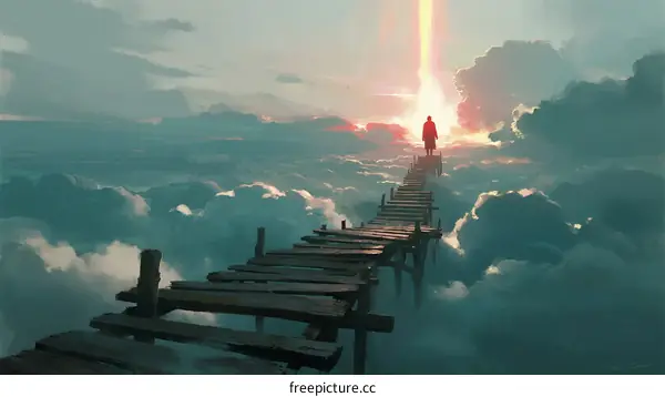 A lone figure standing on a wooden bridge above clouds at sunset