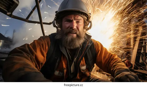 Bearded man in hard hat welding metal