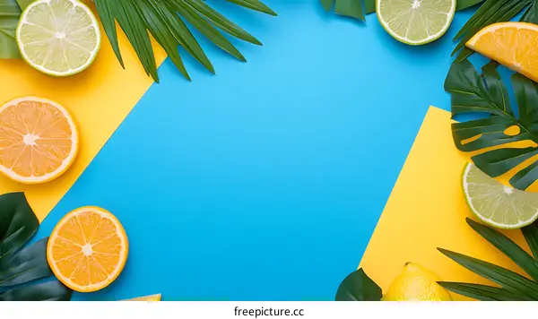 Tropical Summer Fruit Background With Palm Leaves