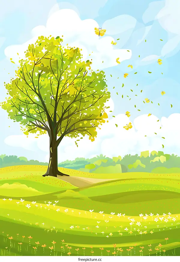 Green Meadow with Tree and Butterflies