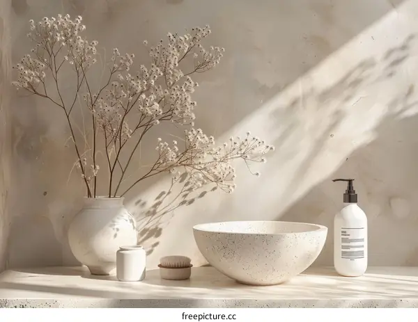Dried flowers and beige bowl on concrete shelf