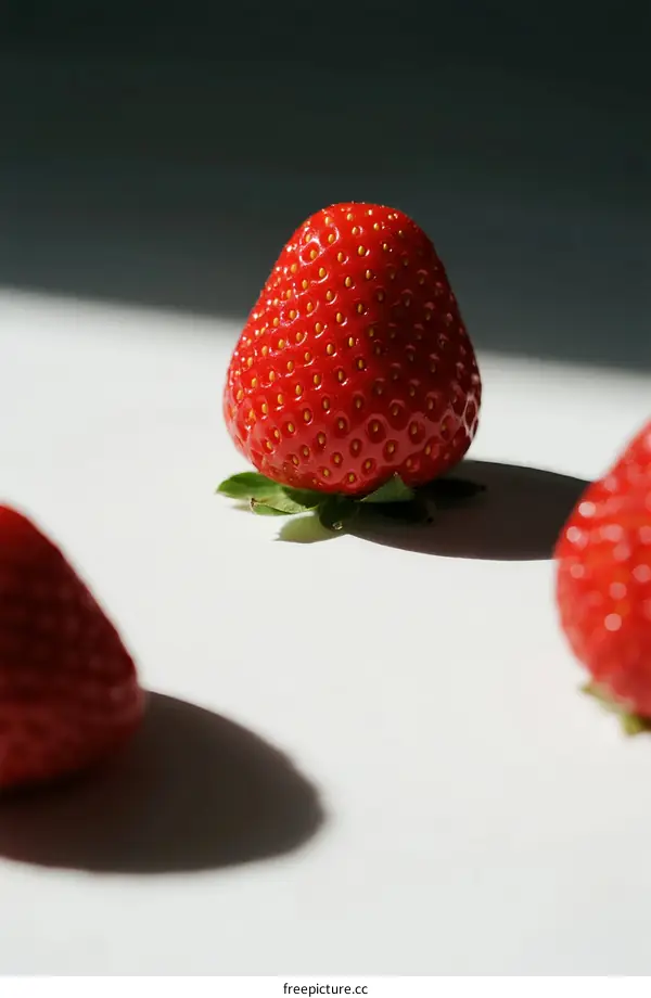 Fresh Red Strawberries with Green Leaves on White Surface