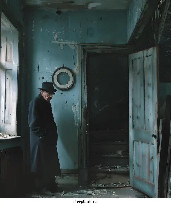 An old man stands in an abandoned room