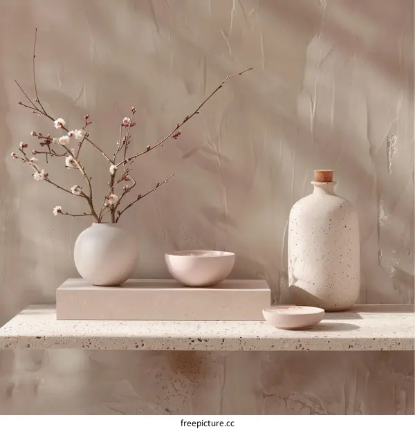 Neutral Ceramic Vase and Bowl with Cherry Blossoms Still Life