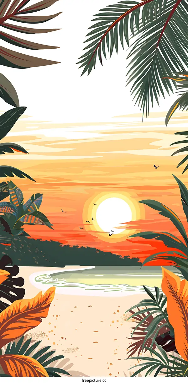 Tropical Sunset Beach Landscape Illustration