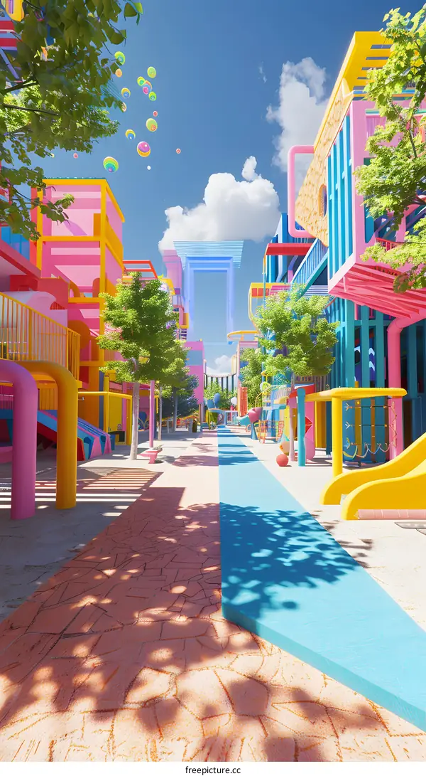 Colorful Architecture Design Of Dreamy Cityscape With Playgrounds And Slides
