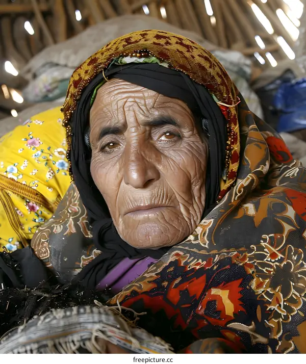 Close Up Portrait of an Elderly Woman in Traditional Headscarf