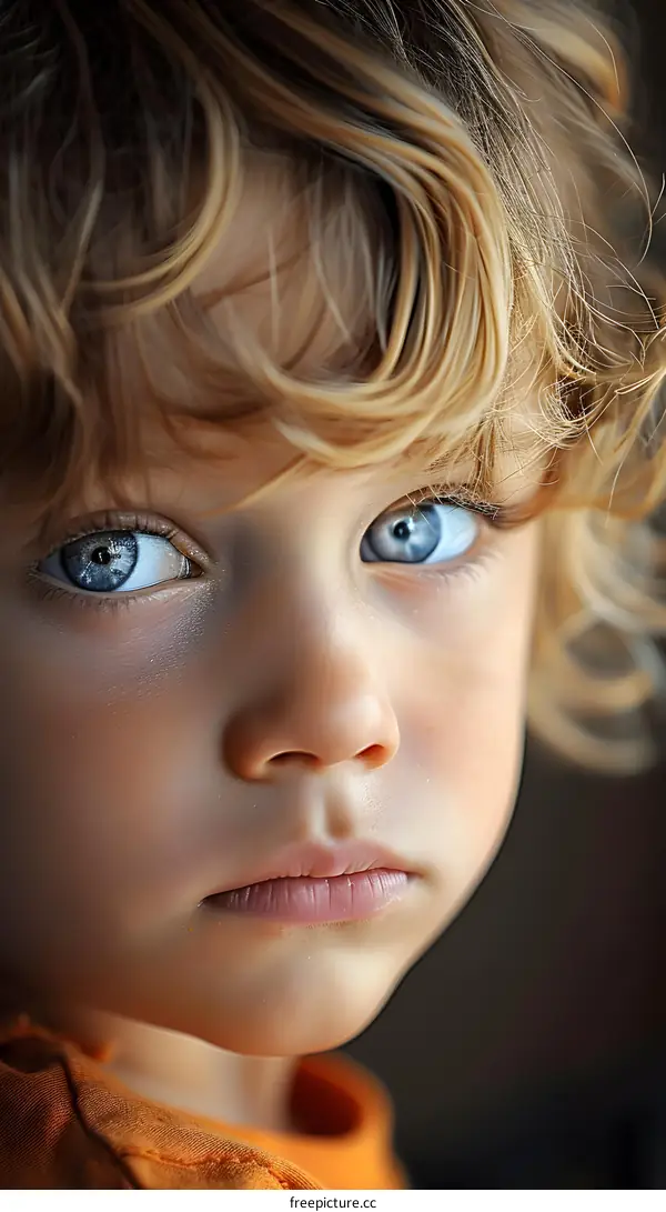 Portrait of a young boy with curly blond hair and blue eyes
