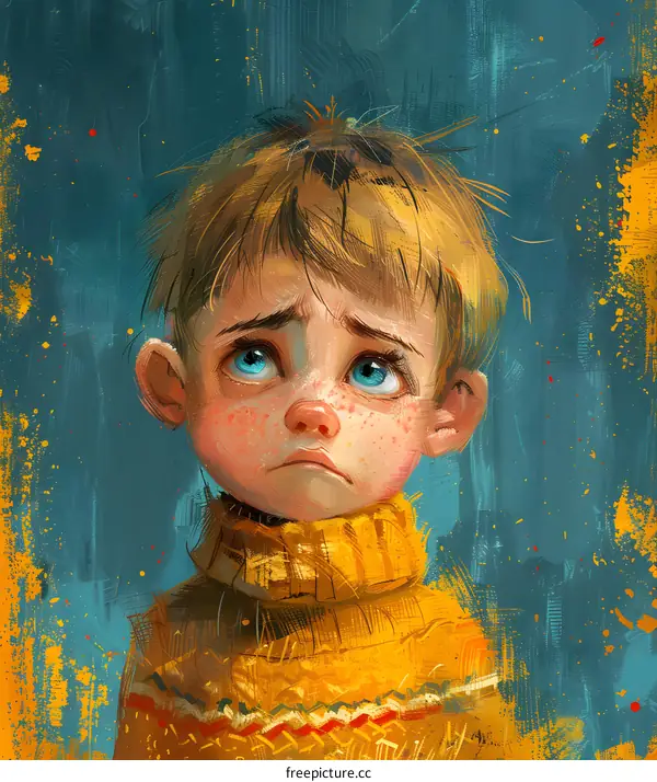 sad boy with freckles wearing a yellow turtleneck sweater