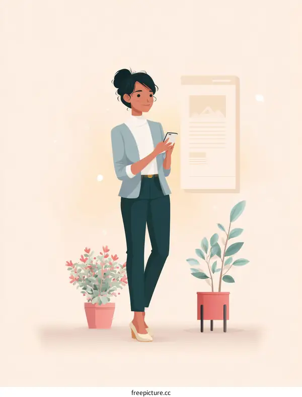 Business Woman Checking Smartphone in Modern Office Setting Illustration