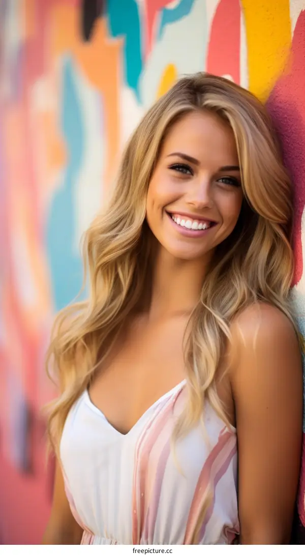 Smiling Blonde Woman in Front of Colorful Wall