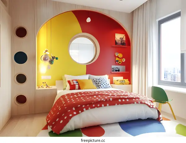 Modern Bedroom Interior Design with Yellow and Red Walls and a Round Window