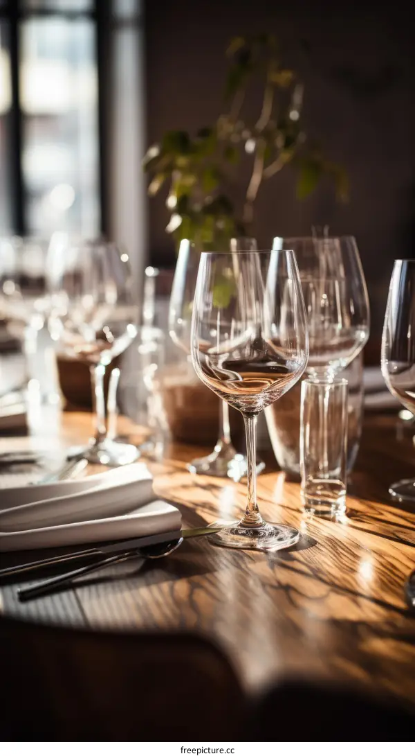 An empty restaurant with wine glasses on the table