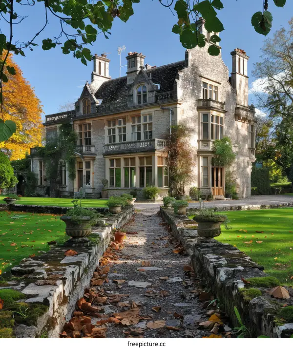An English country house surrounded by autumn leaves