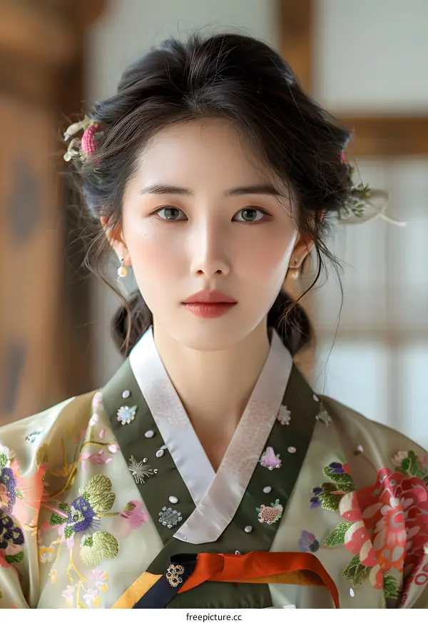 Portrait of a young woman in traditional Korean dress, or Hanbok