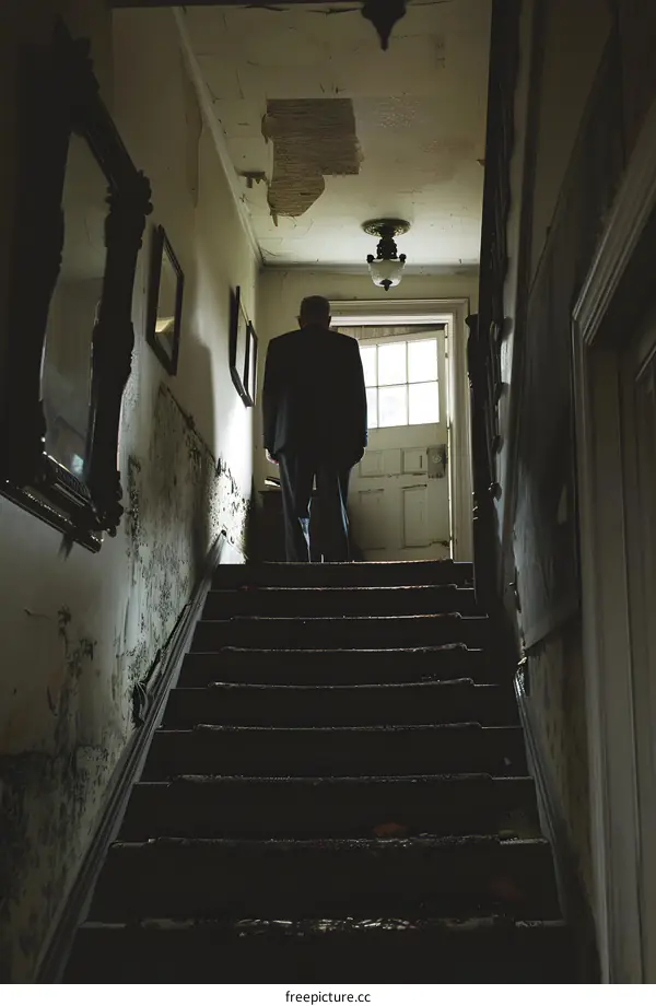 Man Walking Up Old Abandoned Staircase