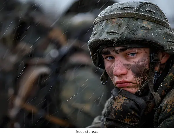 A soldier in a green uniform and helmet sits in the snow.