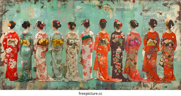 Eight Japanese women wearing kimono