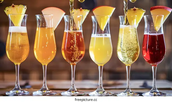 Closeup of Six Different Flavored Drinks in Glasses