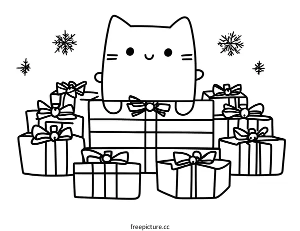 Cute Cat Surrounded by Christmas Presents Coloring Page
