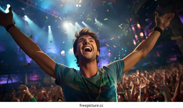 Ecstatic Male Concert Goer with Arms Raised in Excitement