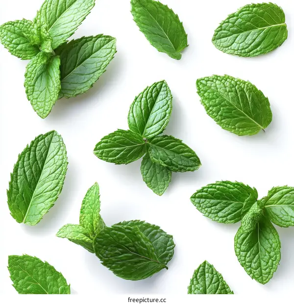 Fresh Mint Leaves Pattern on White Background